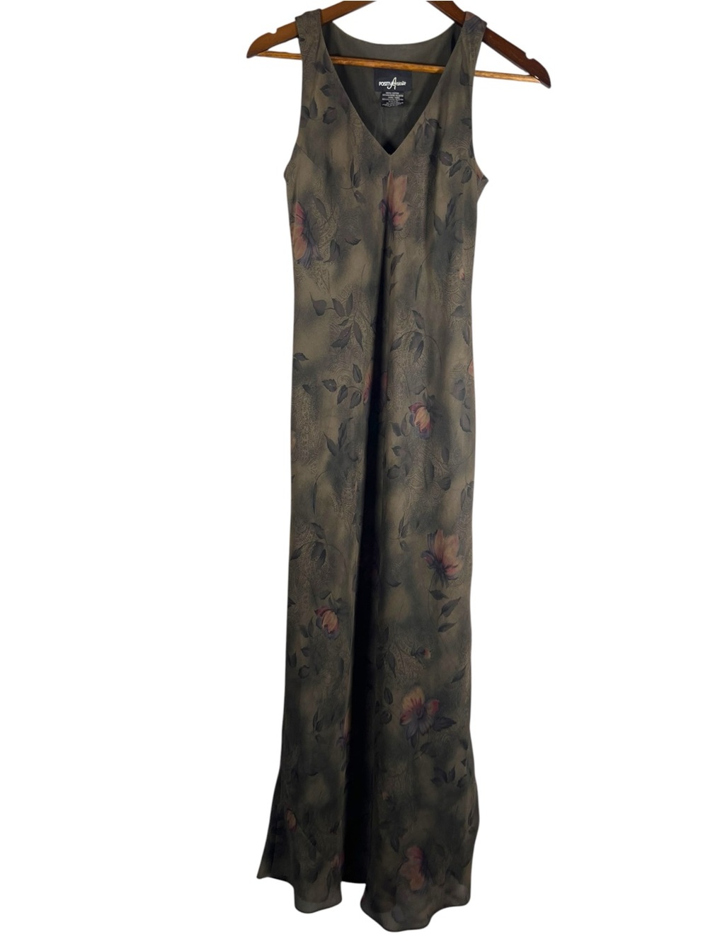 VTG 90s Olive Green Floral Maxi Bias Cut Dress Whimsigoth Fairy Grunge Size 6